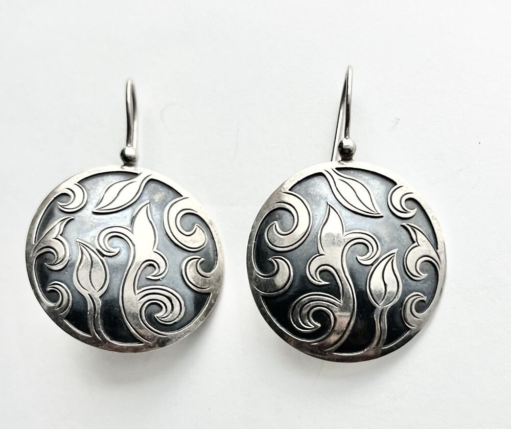 Silpada .925 Silver Oxidized Round Domed Disk Hook Earrings, Scroll Leaf Work